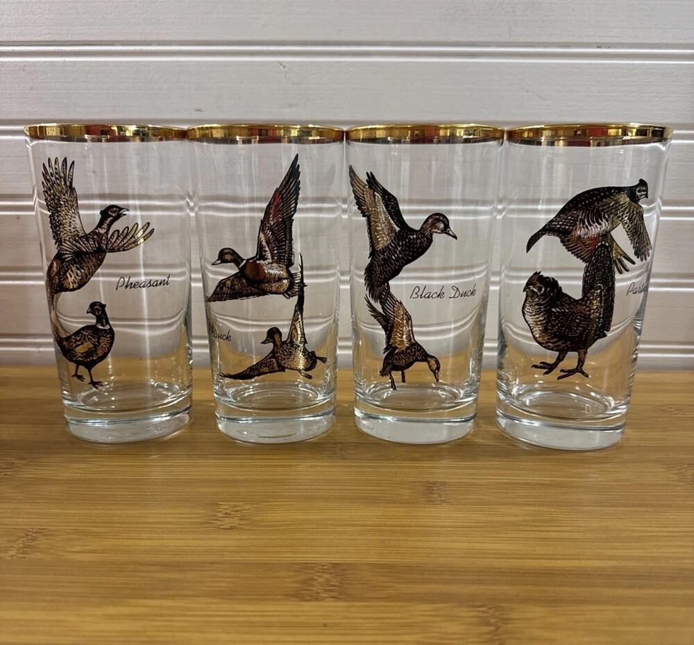 Galaxy Game Birds Set of 4 Highball Glasses Vintage 1960s Gold Rim Tumblers